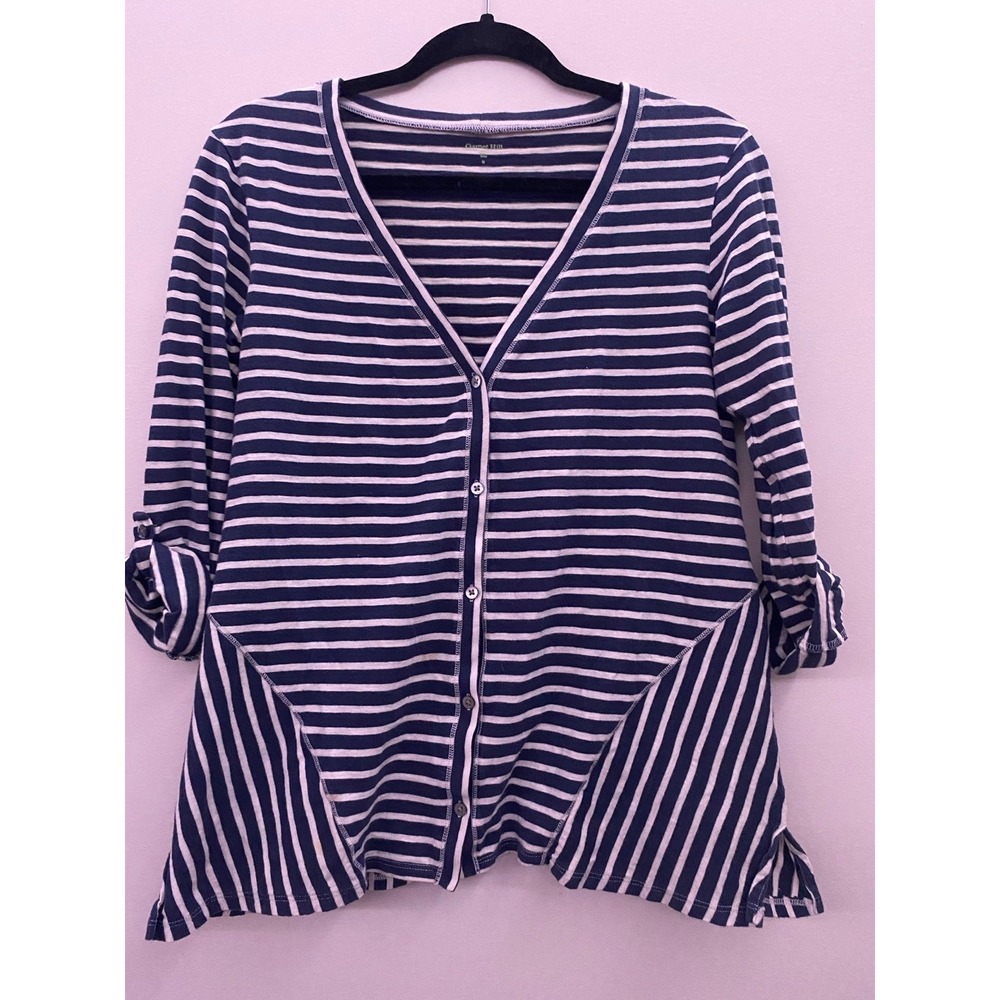 Garnet Hill Navy and White Stripe Cardigan. Women's size M - Picture 1 of 12